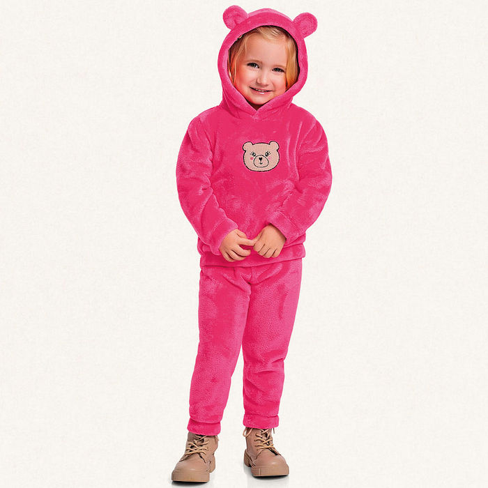 Conjunto blusão com capuz e calça em tecido fleece com orelhinhas