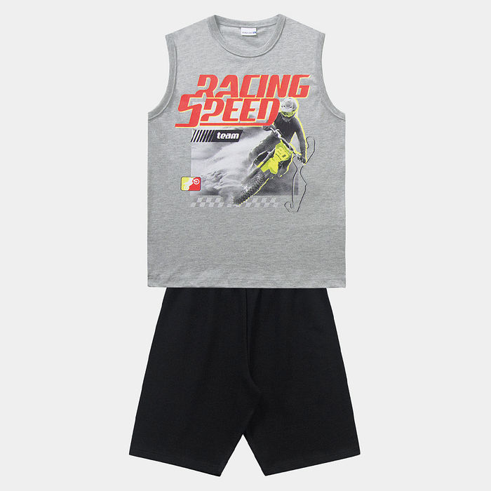 Conjunto regata com estampa de corrida e bermuda em moletinho