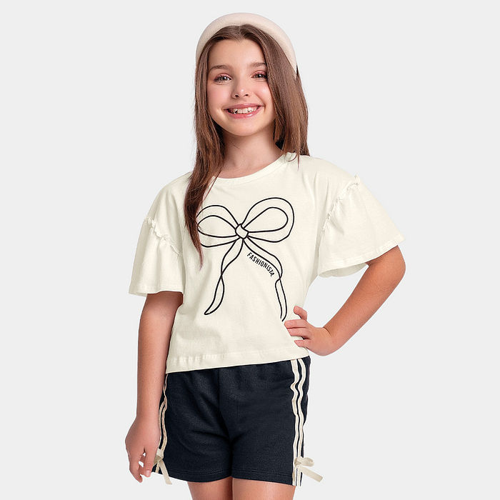 Conjunto blusa de laço e short em moletinho