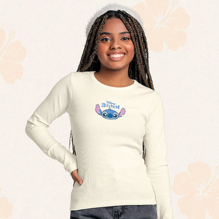 Blusa manga longa em ribana Lilo & Stitch mini