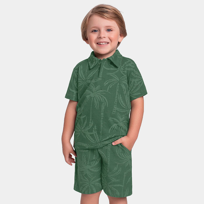 Conjunto camisa polo e bermuda em malha favo caribe