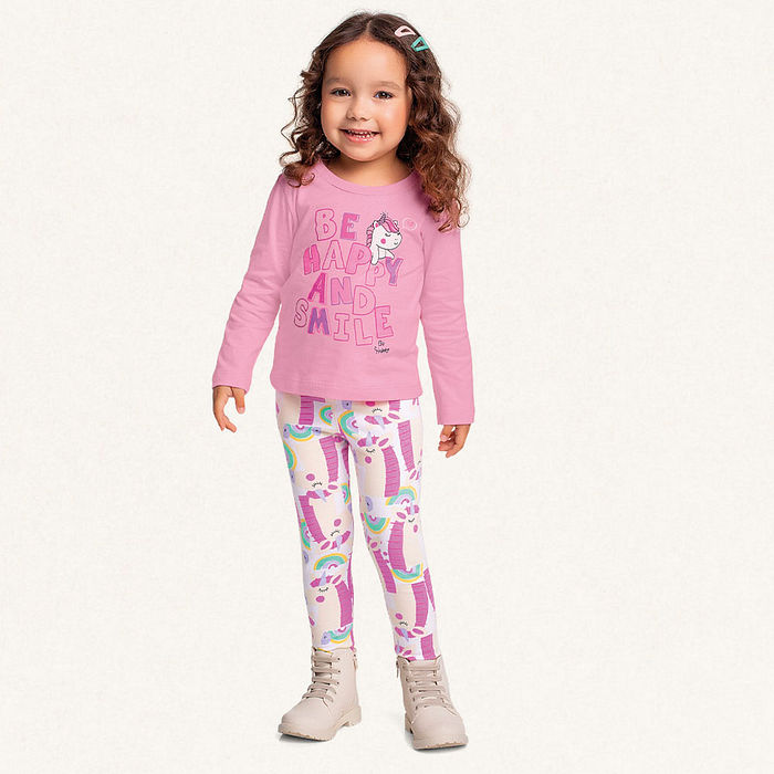 Conjunto blusa manga longa em meia malha e legging em cotton leve unicórnio