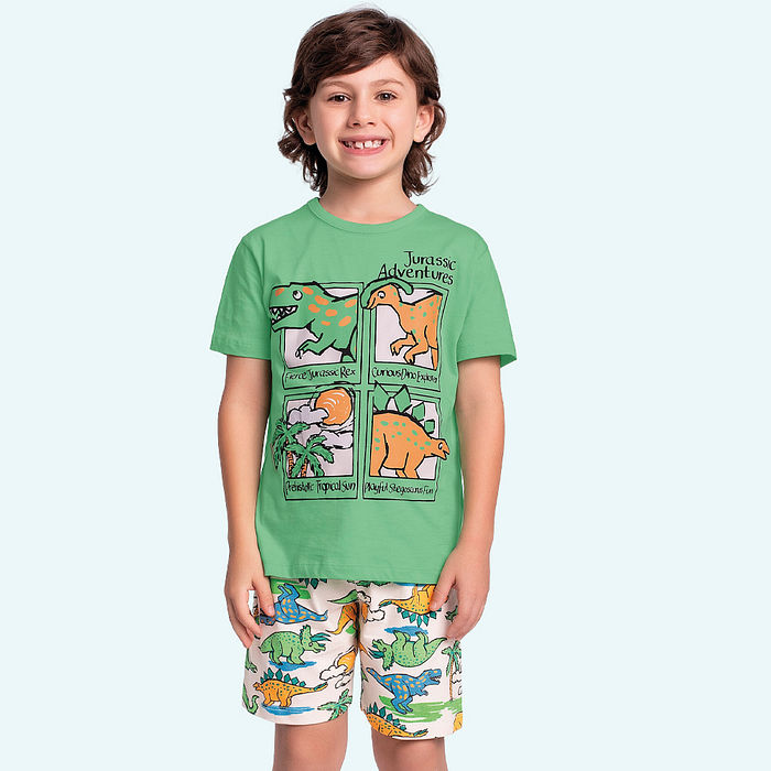Conjunto pijama camiseta e bermuda dino adventures