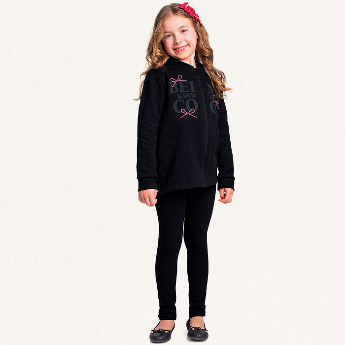 Conjunto jaqueta com capuz em moletom e legging em molecotton lacinhos