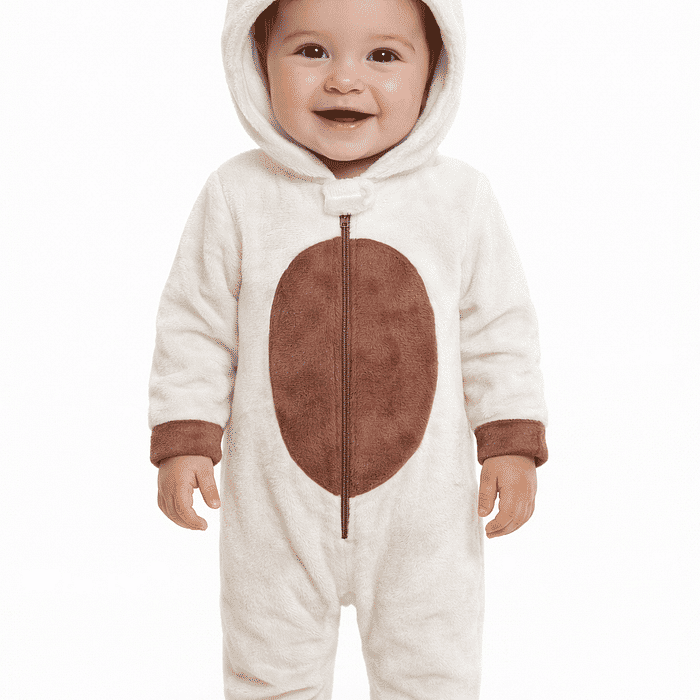 Macacão manga longa com capuz em tecido fleece urso