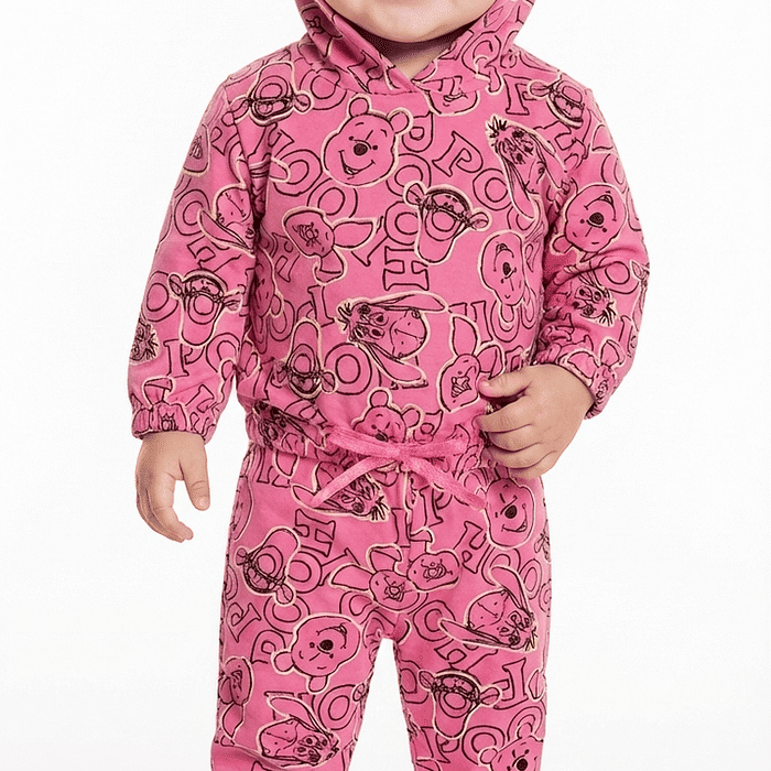 Conjunto blusão com capuz e calça em moletom ursinho pooh