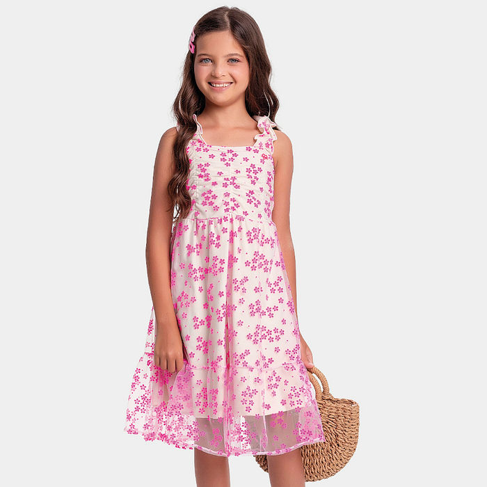 Vestido midi em tecido tule flocking flores