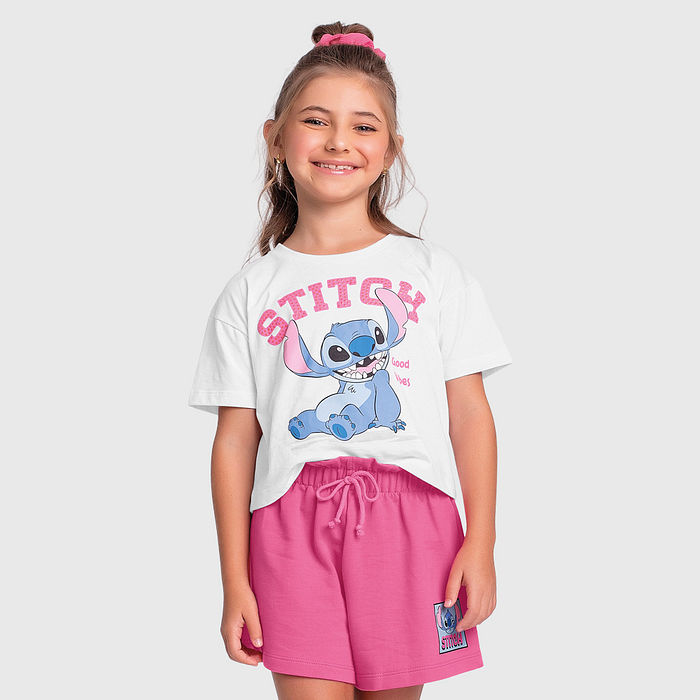 Conjunto blusa Stitch e short em moletinho