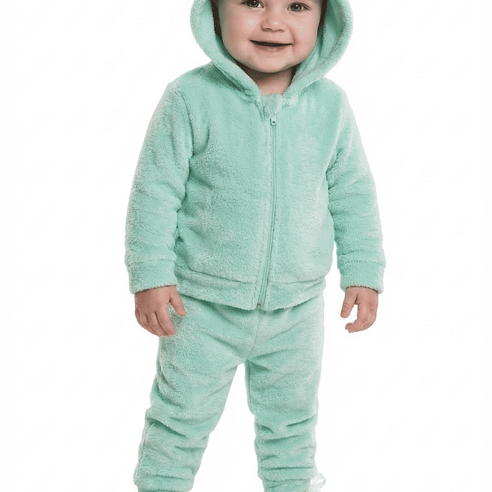 Conjunto jaqueta com capuz e calça em tecido fleece frutas