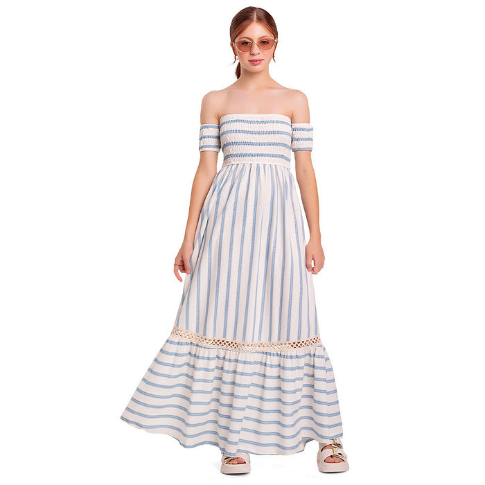 Vestido juvenil longo com lastex e renda listrado