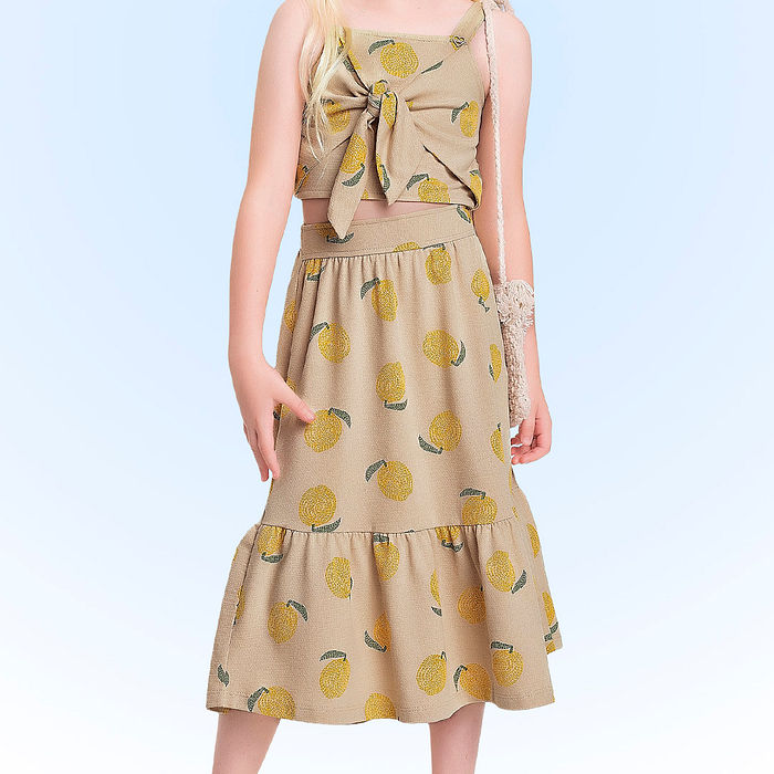 Conjunto top e saia midi em malha florence