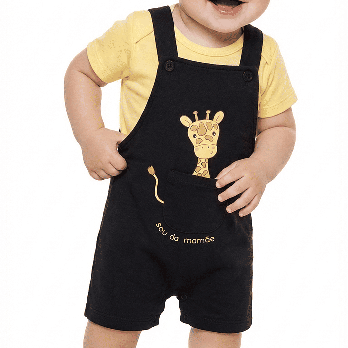 Conjunto body manga curta em suedine e macacão em moletinho girafa