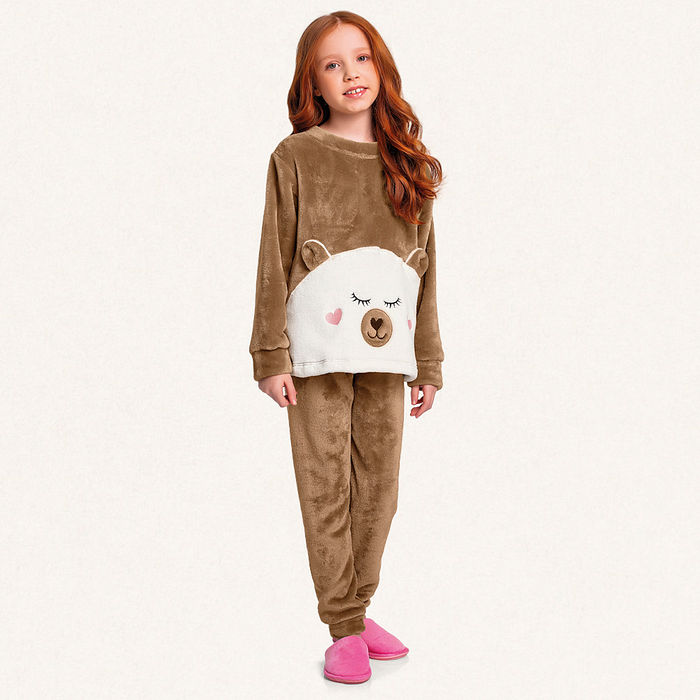 Conjunto blusão e calça em tecido fleece urso