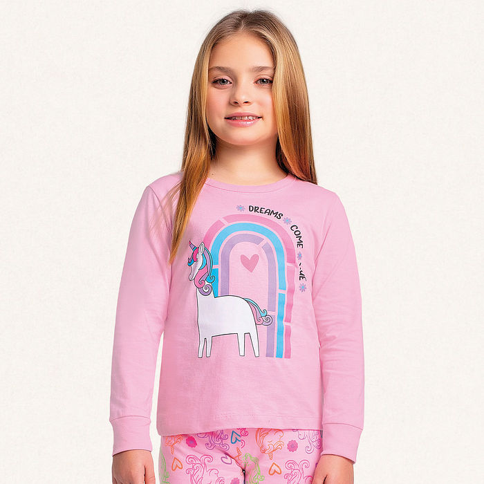 Conjunto pijama blusa manga longa e calça em meia malha unicórnio