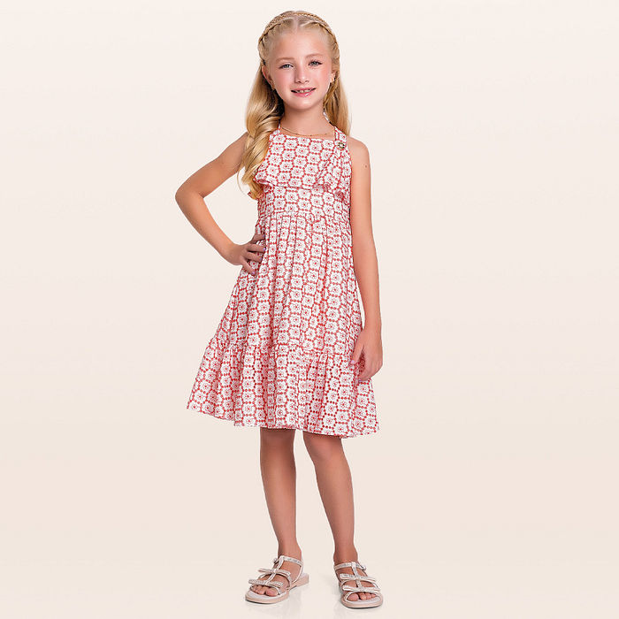 Vestido midi em tecido bordado mini flor