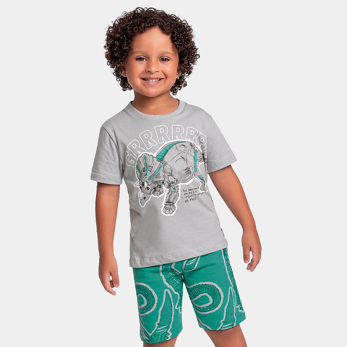 Conjunto camiseta e bermuda em moletinho de dinossauro