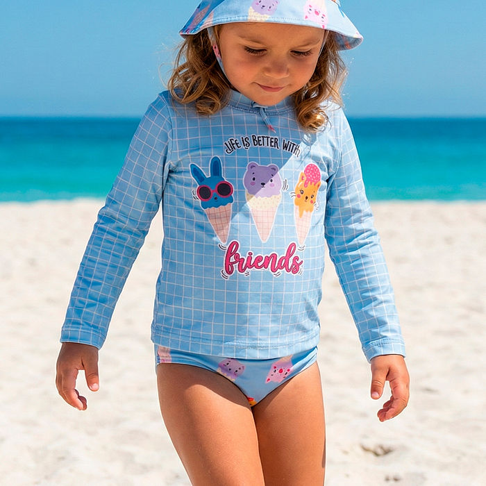 Conjunto infantil moda praia blusa manga longa, calcinha e chapéu