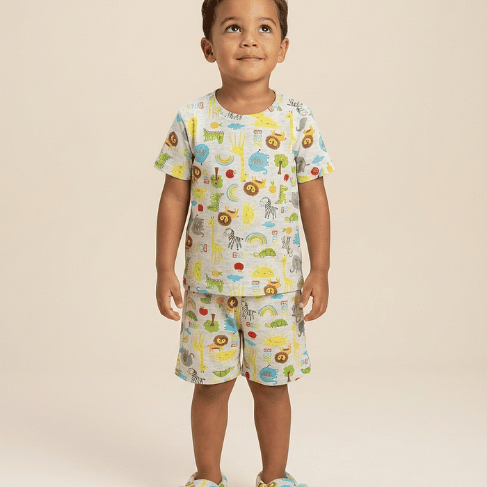 Conjunto pijama camiseta e bermuda bichinhos