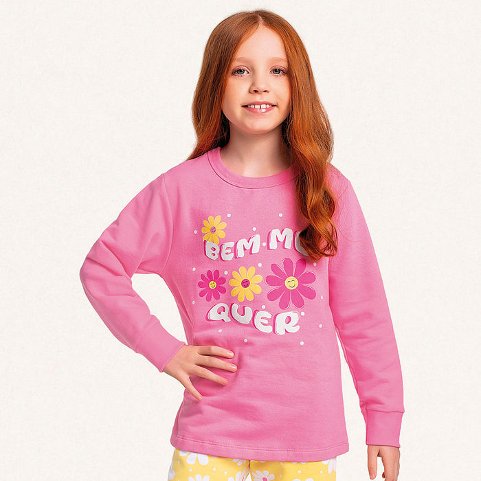 Conjunto pijama blusão e calça em moletom flores