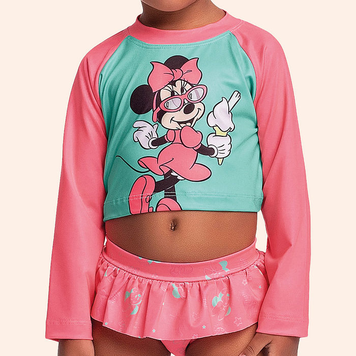 Conjunto moda praia Minnie blusa manga longa e calcinha