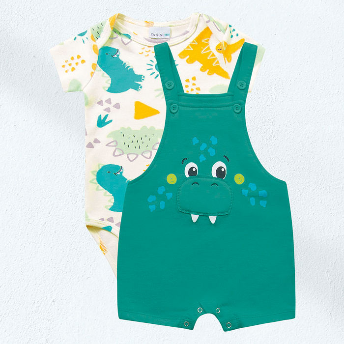 Conjunto body manga curta em suedine e macacão em moletinho dino