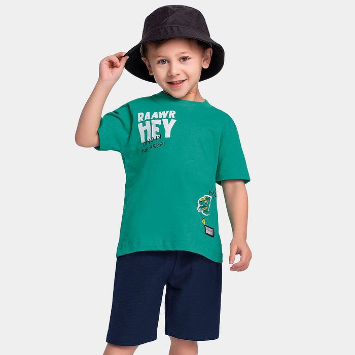 Conjunto camiseta dinossauro e bermuda em moletinho lótus