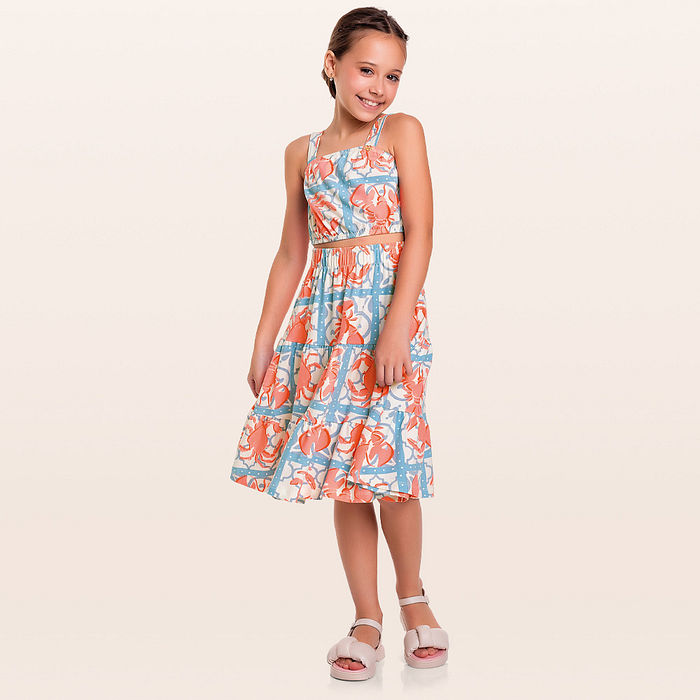 Conjunto top cropped e saia midi lagosta