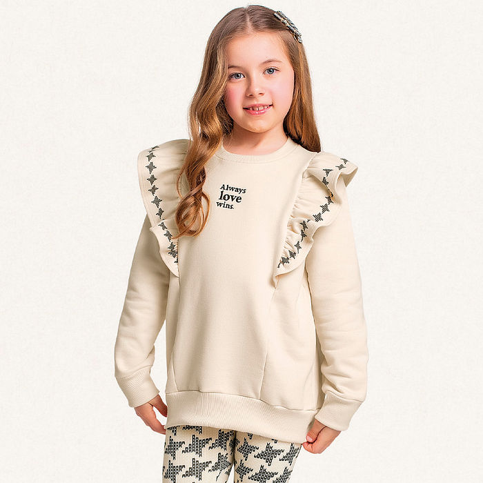 Conjunto blusão com babado estampado em moletom e legging em molecotton