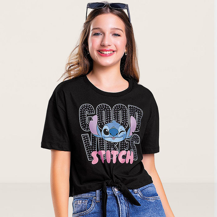 Blusa em meia malha Lilo & Stitch com amarração