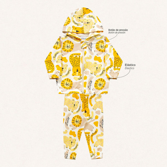 Conjunto jaqueta com capuz e calça em moletom bichinhos