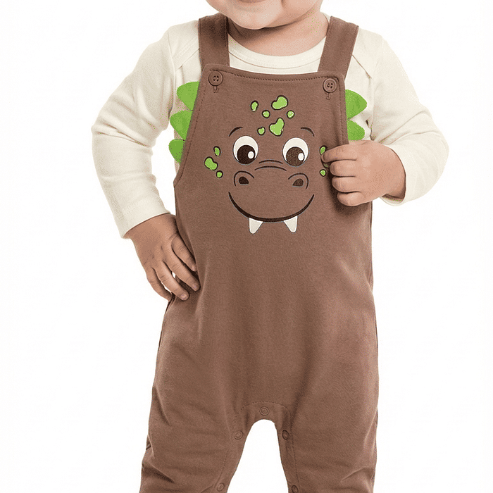 Conjunto body manga longa em suedine e macacão em moletom dino