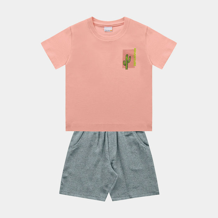 Conjunto camiseta silk com gel e bermuda em tecido ecotex flamê com bolso