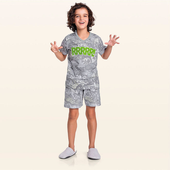 Conjunto pijama camiseta e bermuda dinossauro