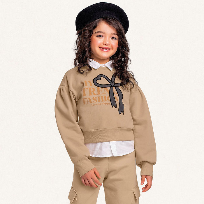 Conjunto blusão e calça wide leg cargo em moletom laço