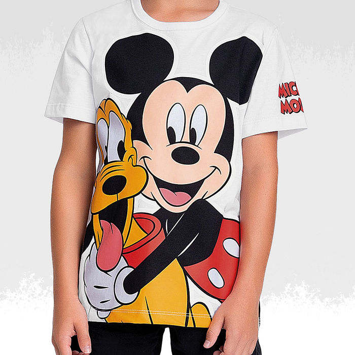 Camiseta em meia malha mickey e pluto