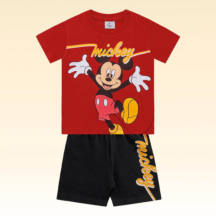Conjunto camiseta meia malha e bermuda mickey