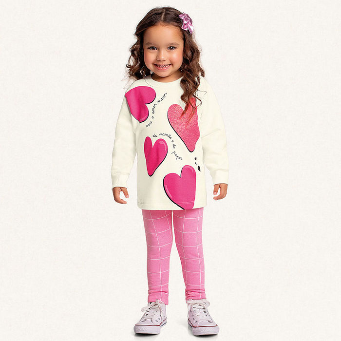 Conjunto blusão coração em moletom e legging em molecotton molinê