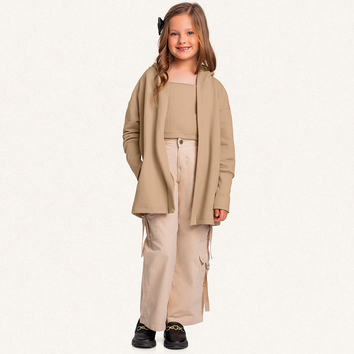 Conjunto top em ribana e casaco aberto com capuz em moletom