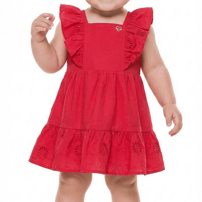 Vestido em cotton flamê com babados em laise