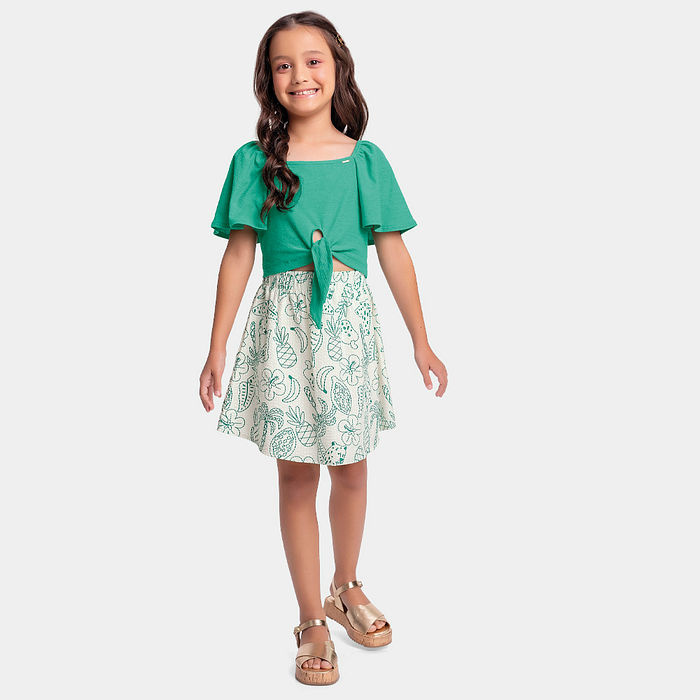 Conjunto blusa em malha florence e short-saia em tecido anaruga liso