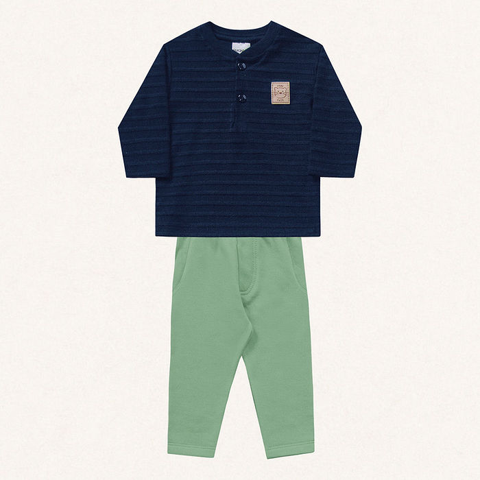 Conjunto camiseta manga longa em meia malha listras com textura em moletom e calça em moletom