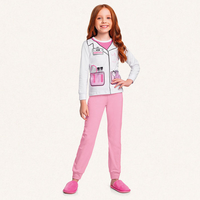 Conjunto pijama blusa manga longa e calça em meia malha profissões