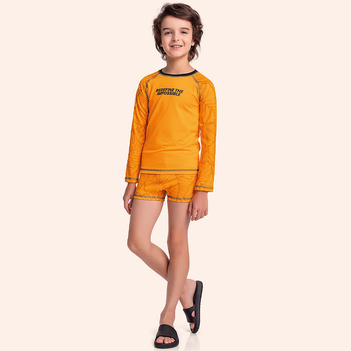 Conjunto camiseta manga longa e sunga boxer com costura trançador contraste