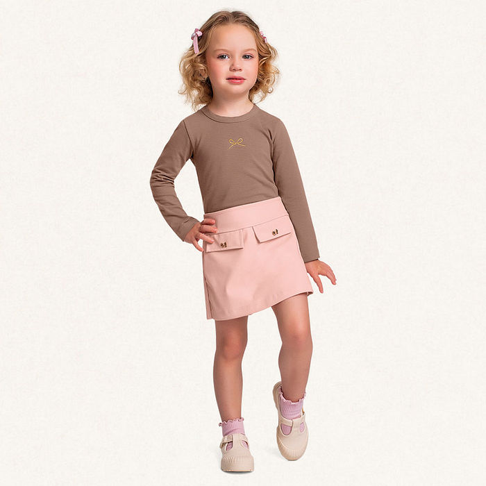 Conjunto blusa manga longa em cotton e short-saia em PU laço