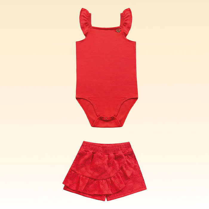 Conjunto body em meia malha e short-saia em laise