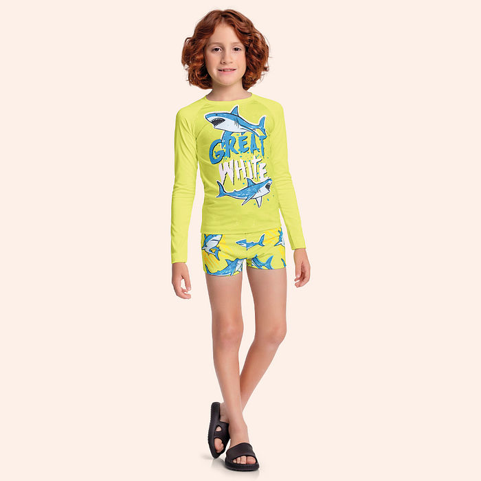 Conjunto camiseta manga longa e sunga boxer com estampa sublimada