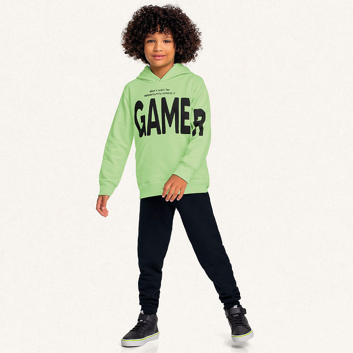 Conjunto blusão com capuz e calça em moletom gamer