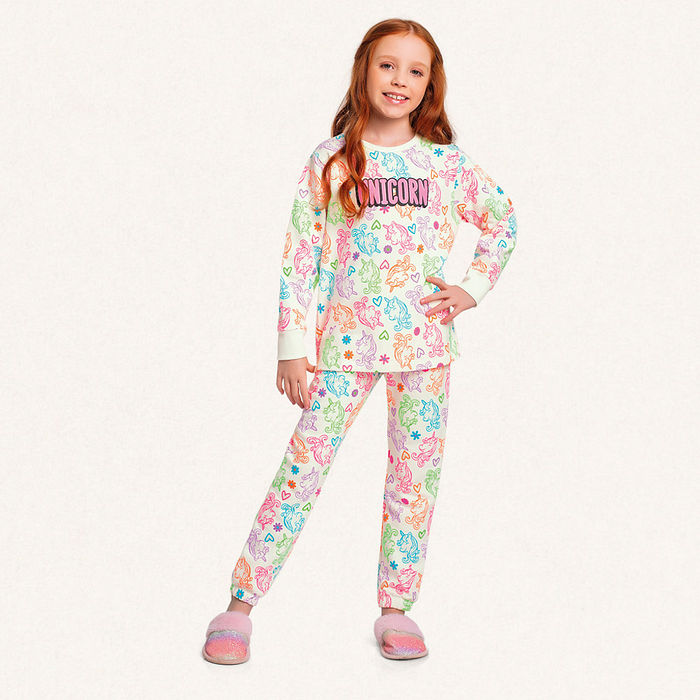 Conjunto pijama blusão e calça em moletom unicórnio