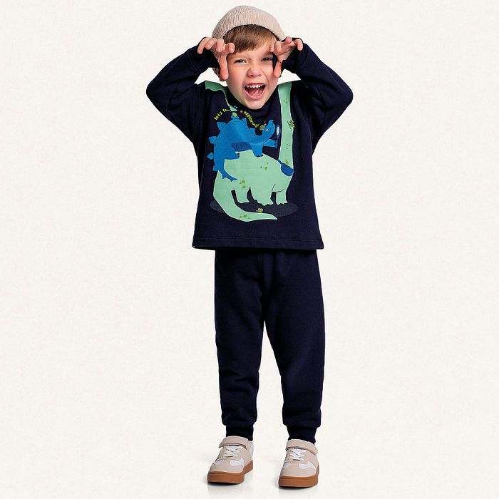 Conjunto blusão e calça em moletom dinossauros