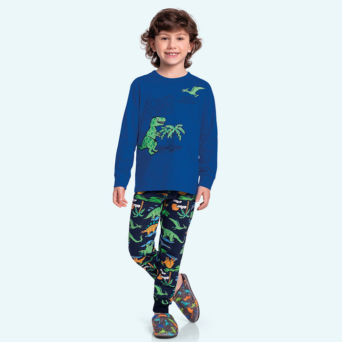 Conjunto pijama dinossauro camiseta manga longa e calça